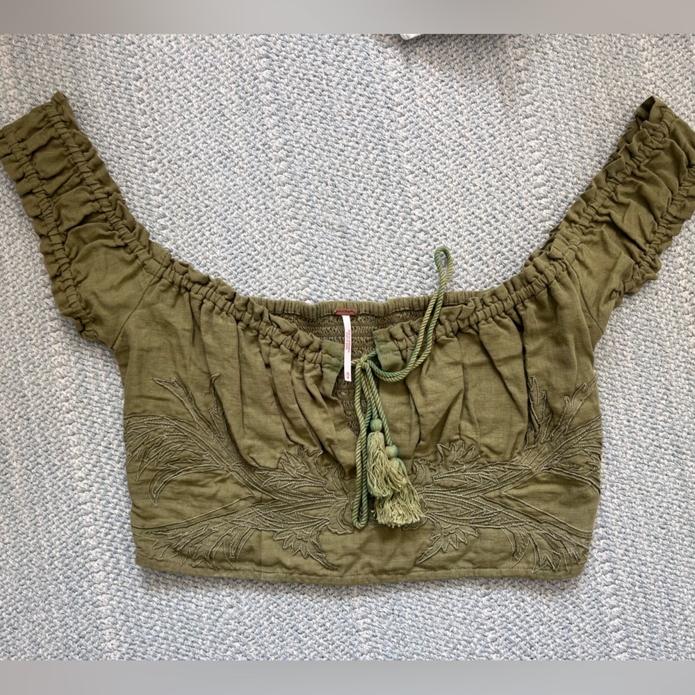 Free people like new Olive Green Off-Shoulder Embroidered Crop Top